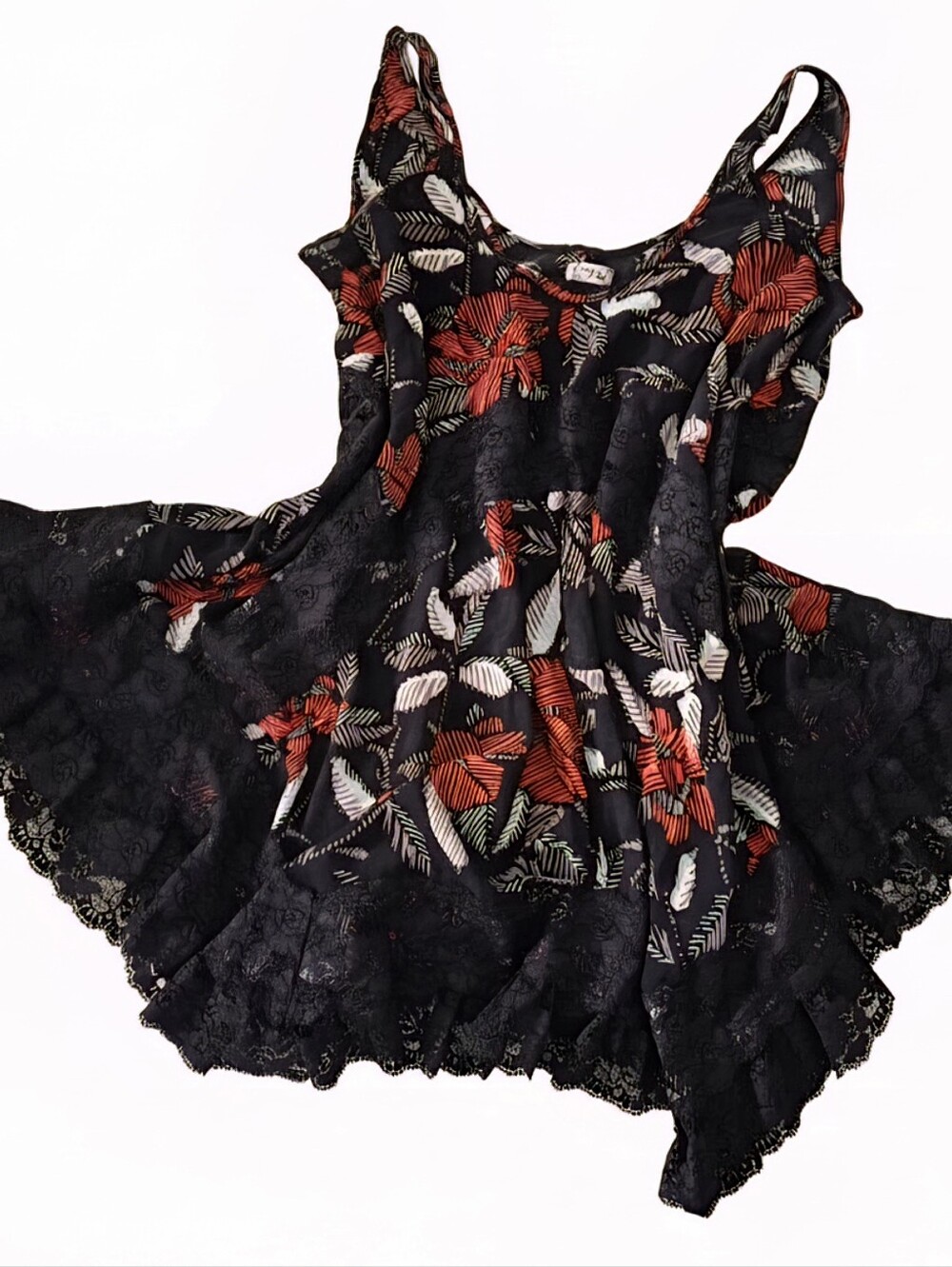 Free People Black Floral Lace-Hem Summer Dress with Red Accents